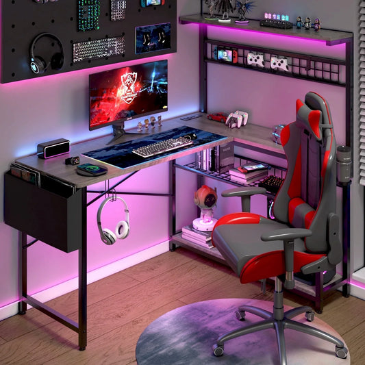 L Shaped Gaming Desk, 52" Reversible Computer Desk with Power Outlets & LED Lights & Headset Hooks & Cup Holder & Storage Bag, Oak Gray