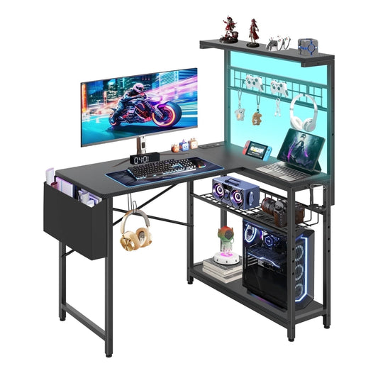 Gaming Desk, 42" L Shaped Computer Desk with Power Outlets & LED Lights, Carbon Fiber Black